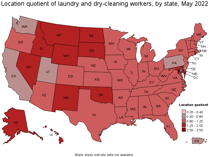 Map of location quotient of laundry and dry-cleaning workers by state, May 2022