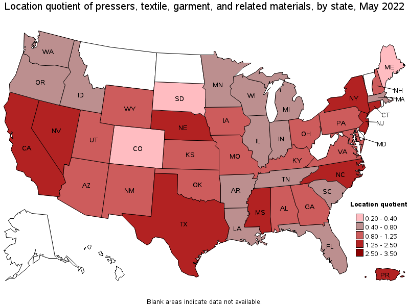 Map of location quotient of pressers, textile, garment, and related materials by state, May 2022