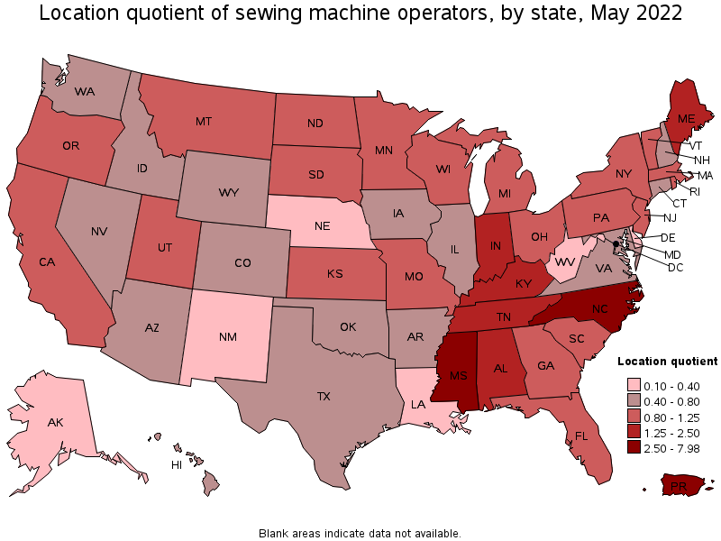 Map of location quotient of sewing machine operators by state, May 2022
