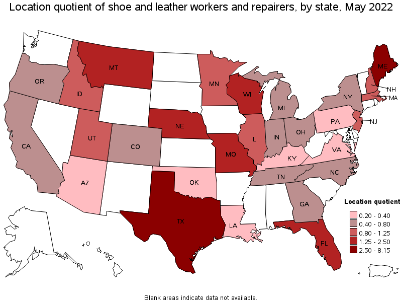 Map of location quotient of shoe and leather workers and repairers by state, May 2022