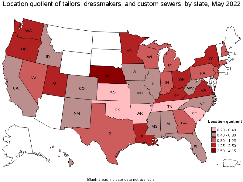 Map of location quotient of tailors, dressmakers, and custom sewers by state, May 2022