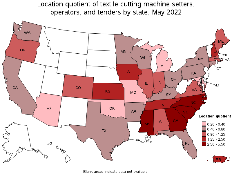 Map of location quotient of textile cutting machine setters, operators, and tenders by state, May 2022