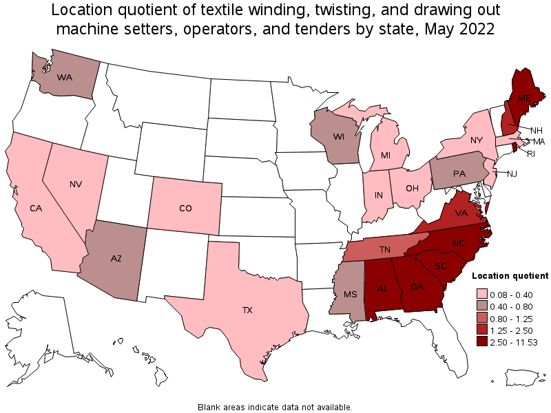 Map of location quotient of textile winding, twisting, and drawing out machine setters, operators, and tenders by state, May 2022