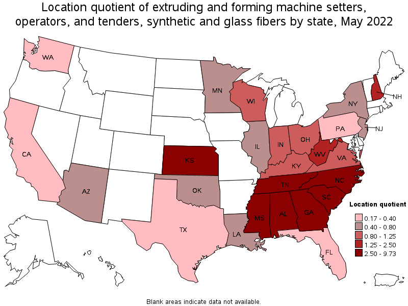 Map of location quotient of extruding and forming machine setters, operators, and tenders, synthetic and glass fibers by state, May 2022
