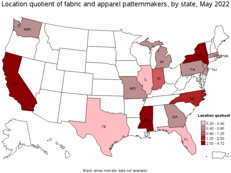 Map of location quotient of fabric and apparel patternmakers by state, May 2022