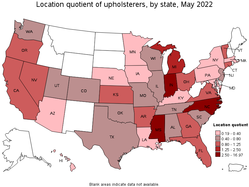 Map of location quotient of upholsterers by state, May 2022