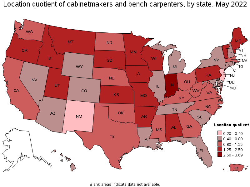 Map of location quotient of cabinetmakers and bench carpenters by state, May 2022