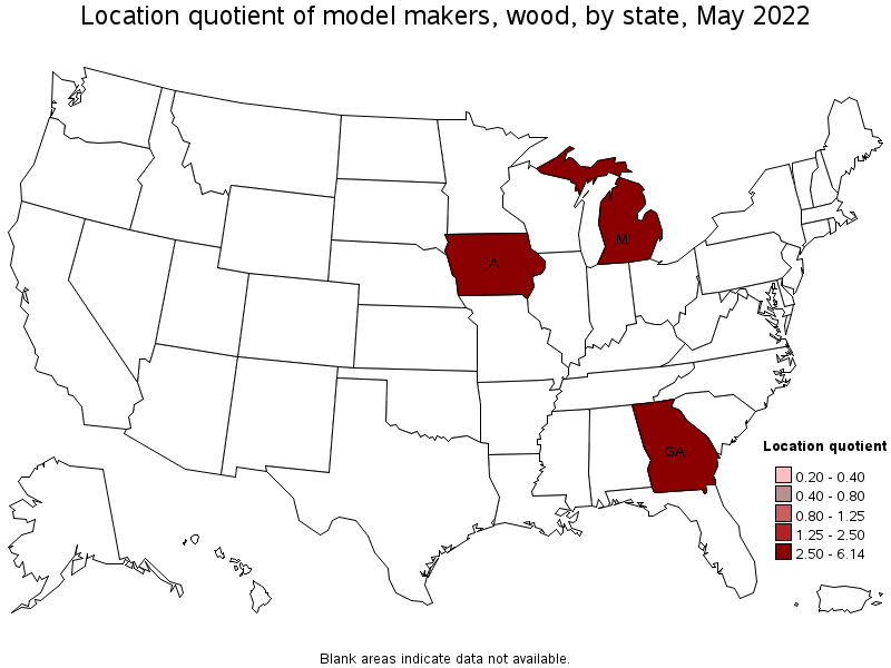 Map of location quotient of model makers, wood by state, May 2022