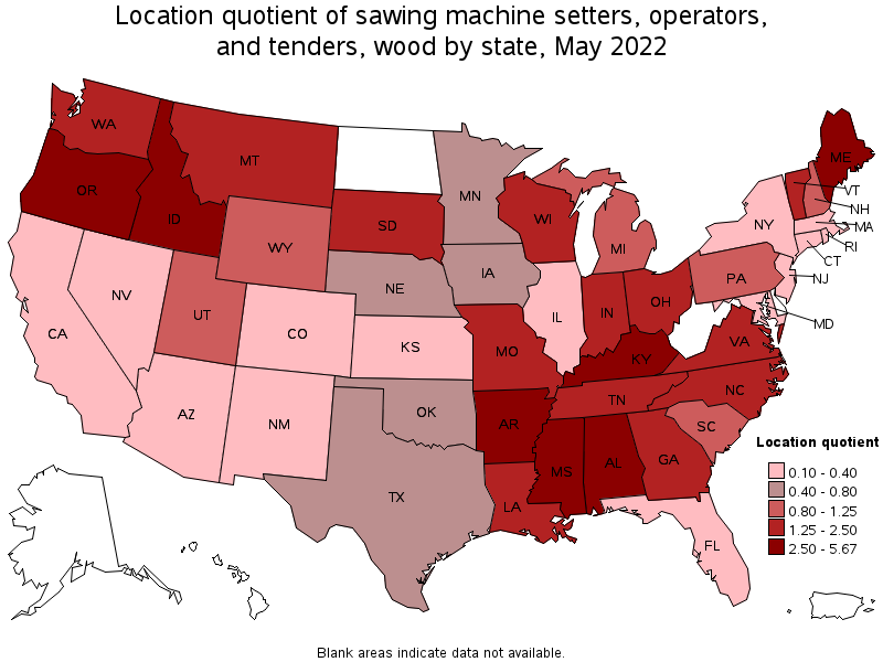 Map of location quotient of sawing machine setters, operators, and tenders, wood by state, May 2022