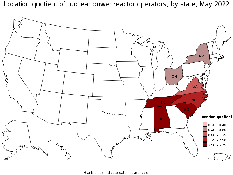 Map of location quotient of nuclear power reactor operators by state, May 2022