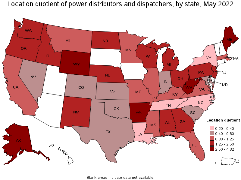 Map of location quotient of power distributors and dispatchers by state, May 2022