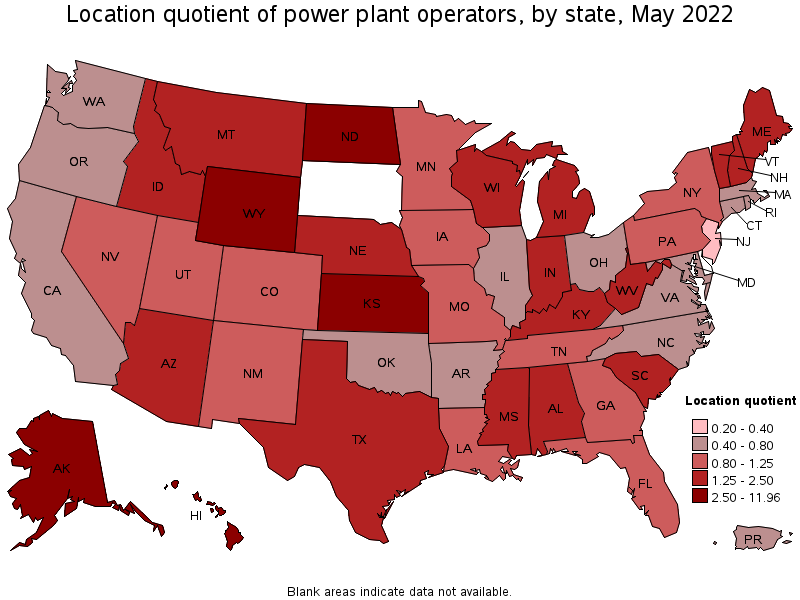 Map of location quotient of power plant operators by state, May 2022