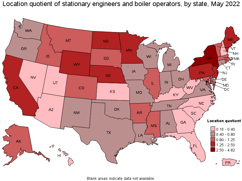 Map of location quotient of stationary engineers and boiler operators by state, May 2022
