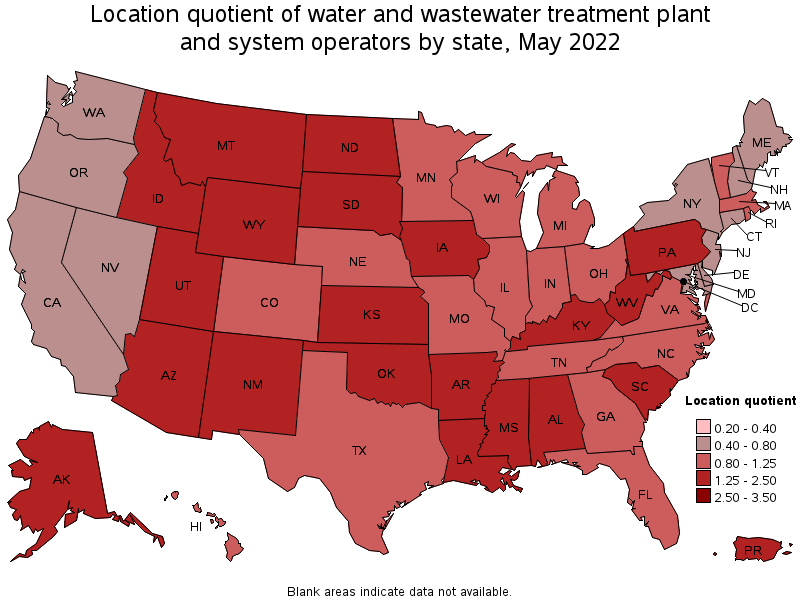 Map of location quotient of water and wastewater treatment plant and system operators by state, May 2022