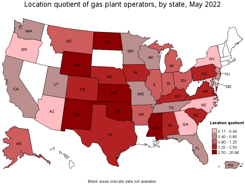 Map of location quotient of gas plant operators by state, May 2022