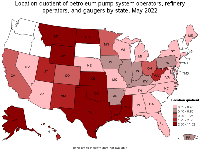 Map of location quotient of petroleum pump system operators, refinery operators, and gaugers by state, May 2022