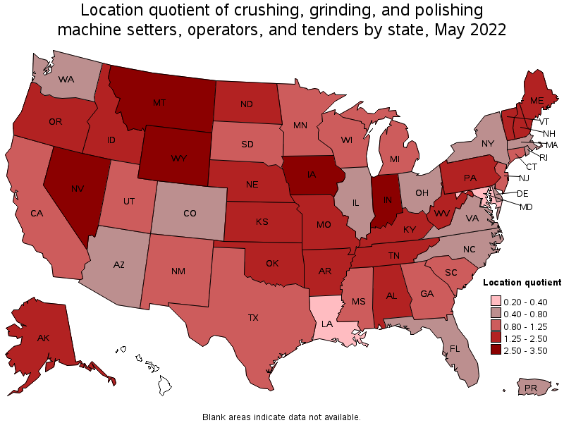 Map of location quotient of crushing, grinding, and polishing machine setters, operators, and tenders by state, May 2022