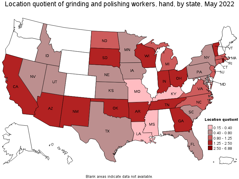 Map of location quotient of grinding and polishing workers, hand by state, May 2022