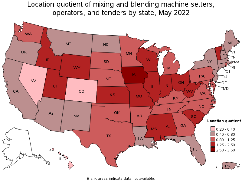 Map of location quotient of mixing and blending machine setters, operators, and tenders by state, May 2022