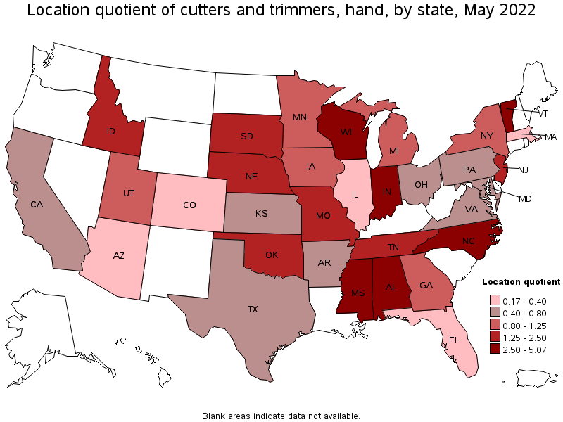 Map of location quotient of cutters and trimmers, hand by state, May 2022