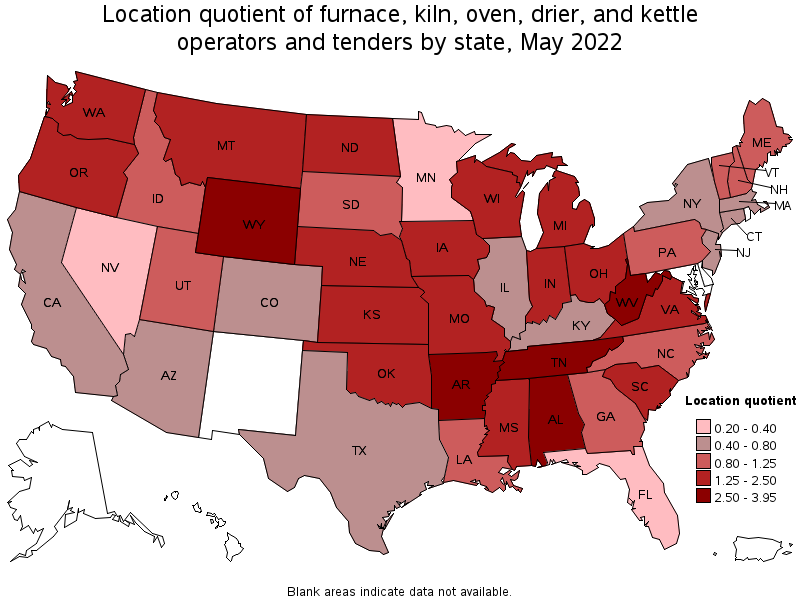 Map of location quotient of furnace, kiln, oven, drier, and kettle operators and tenders by state, May 2022