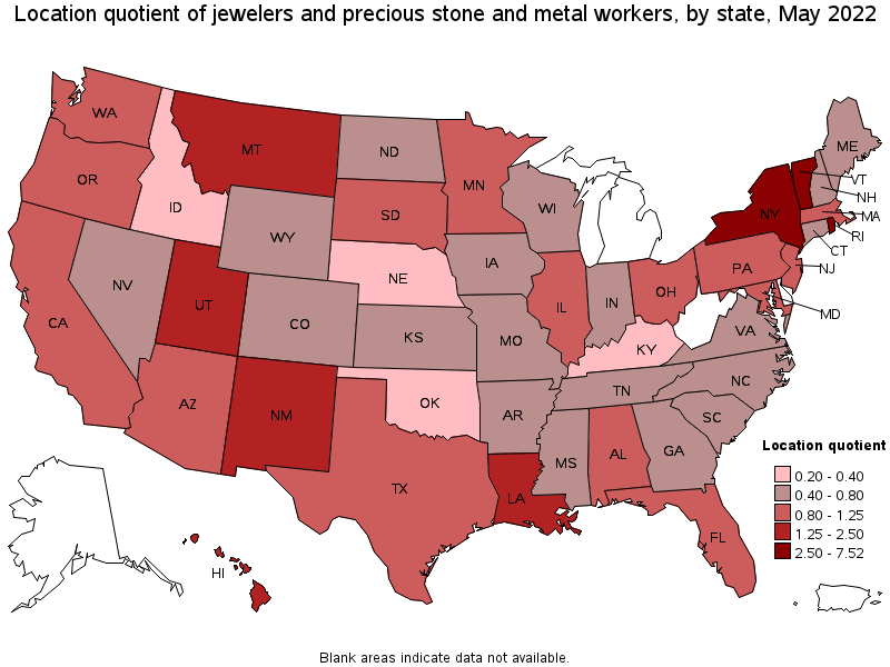 Map of location quotient of jewelers and precious stone and metal workers by state, May 2022