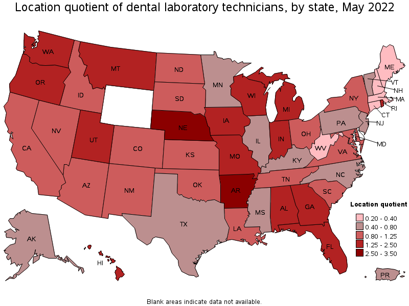 Map of location quotient of dental laboratory technicians by state, May 2022