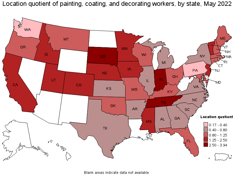 Map of location quotient of painting, coating, and decorating workers by state, May 2022