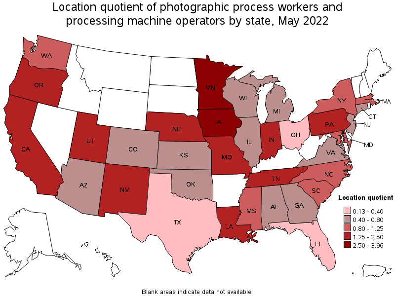 Map of location quotient of photographic process workers and processing machine operators by state, May 2022