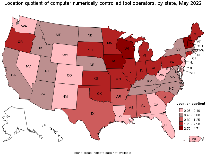 Map of location quotient of computer numerically controlled tool operators by state, May 2022