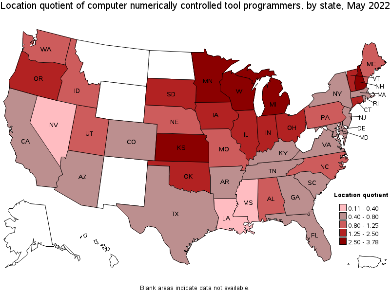 Map of location quotient of computer numerically controlled tool programmers by state, May 2022