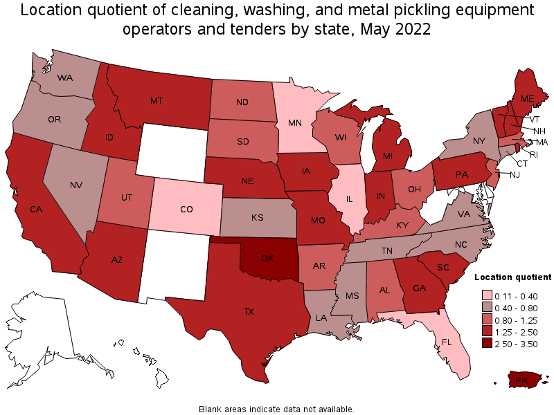 Map of location quotient of cleaning, washing, and metal pickling equipment operators and tenders by state, May 2022