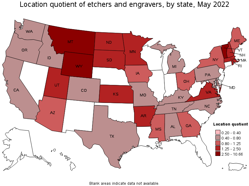 Map of location quotient of etchers and engravers by state, May 2022