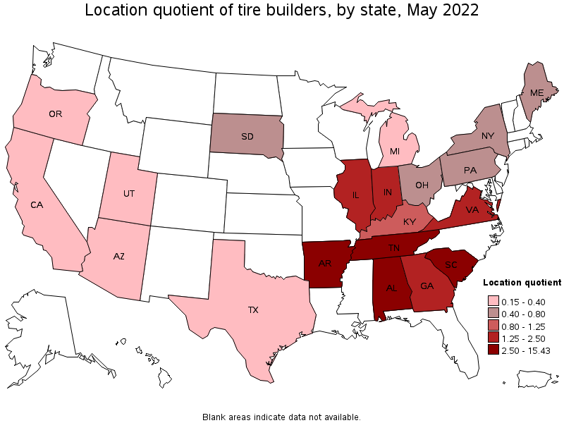 Map of location quotient of tire builders by state, May 2022
