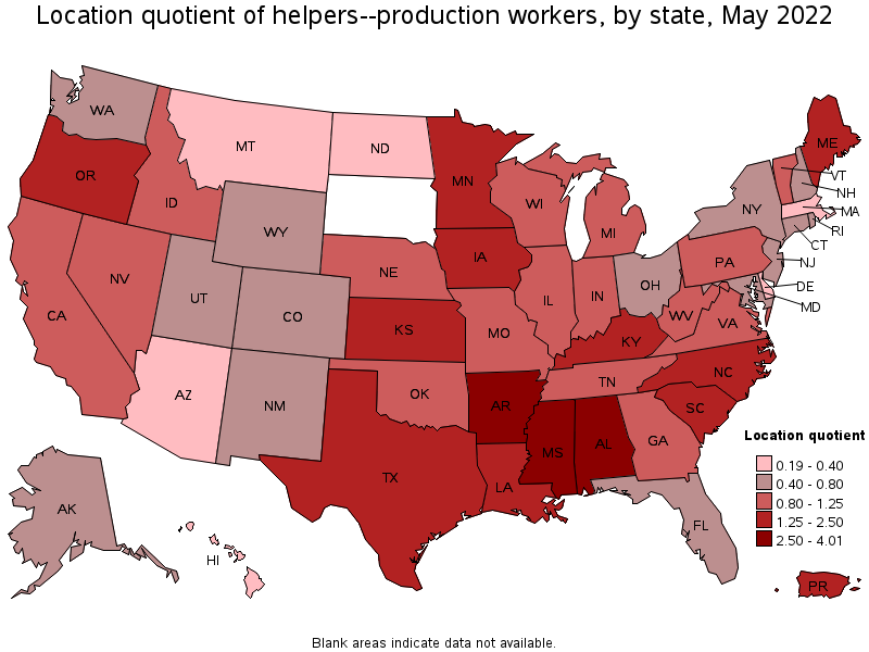 Map of location quotient of helpers--production workers by state, May 2022