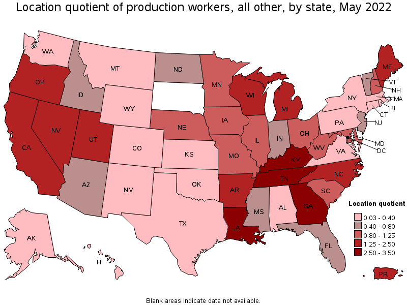 Map of location quotient of production workers, all other by state, May 2022