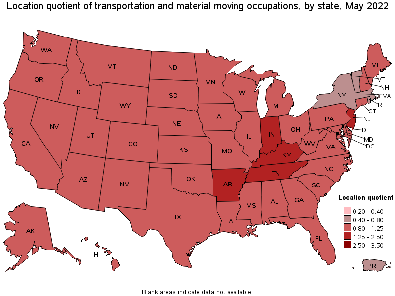 Map of location quotient of transportation and material moving occupations by state, May 2022