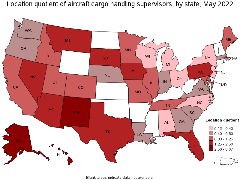 Map of location quotient of aircraft cargo handling supervisors by state, May 2022