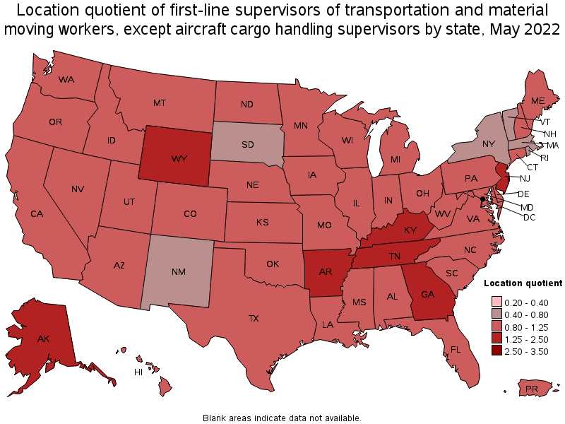 Map of location quotient of first-line supervisors of transportation and material moving workers, except aircraft cargo handling supervisors by state, May 2022