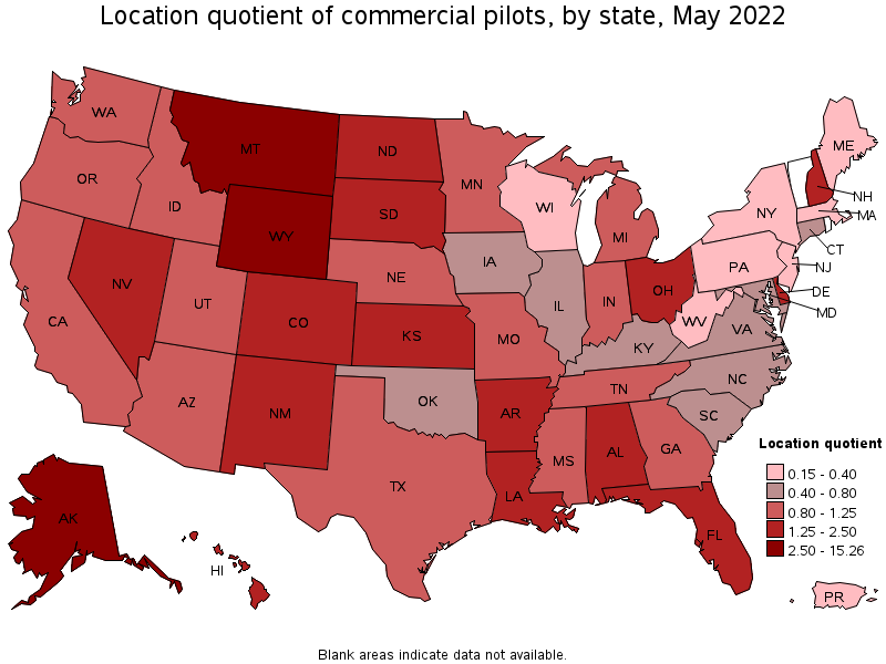 Map of location quotient of commercial pilots by state, May 2022