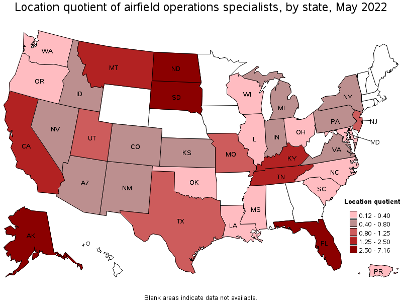 Map of location quotient of airfield operations specialists by state, May 2022