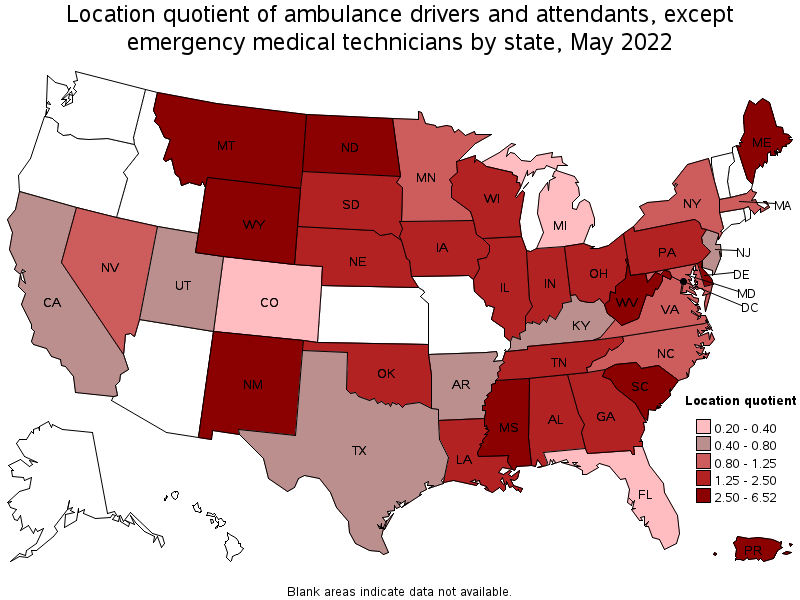Map of location quotient of ambulance drivers and attendants, except emergency medical technicians by state, May 2022