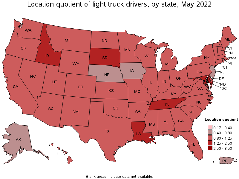 Map of location quotient of light truck drivers by state, May 2022