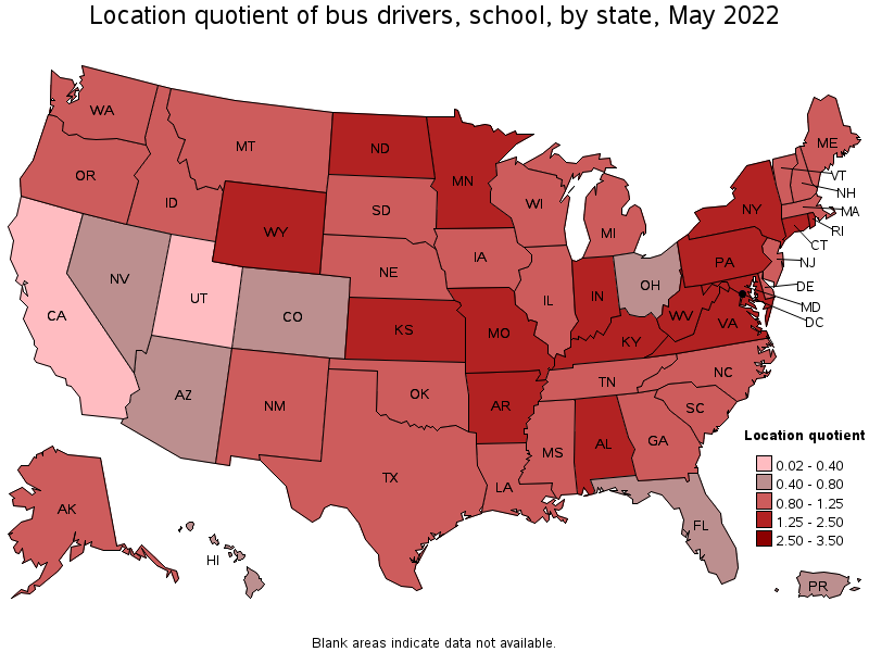 Map of location quotient of bus drivers, school by state, May 2022