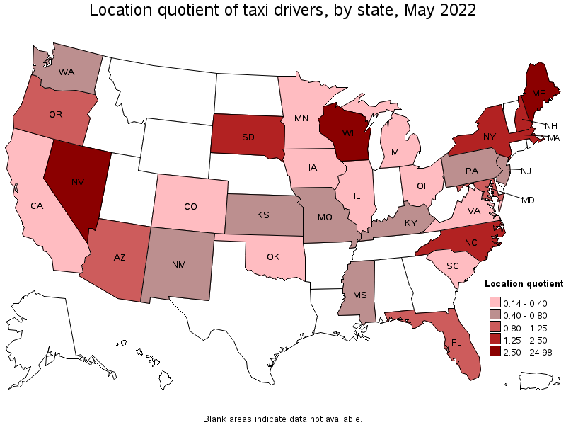 Map of location quotient of taxi drivers by state, May 2022