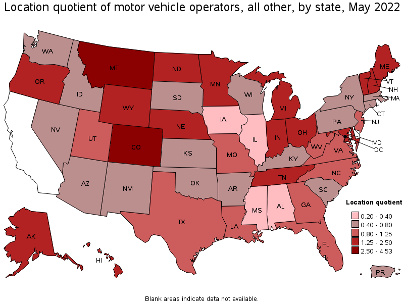 Map of location quotient of motor vehicle operators, all other by state, May 2022