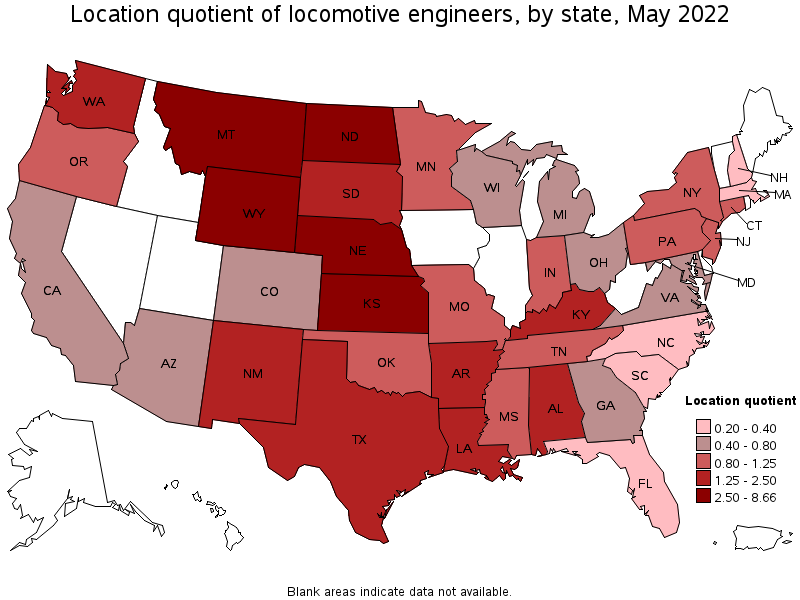 Map of location quotient of locomotive engineers by state, May 2022