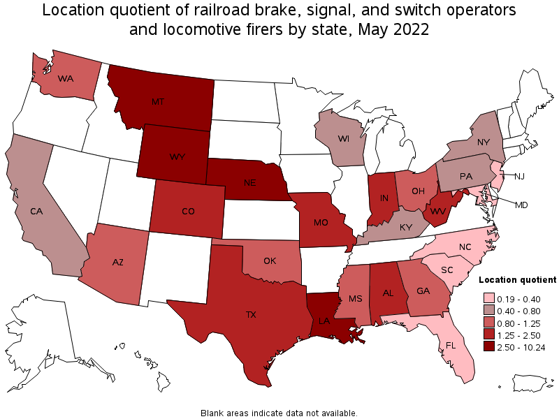 Map of location quotient of railroad brake, signal, and switch operators and locomotive firers by state, May 2022