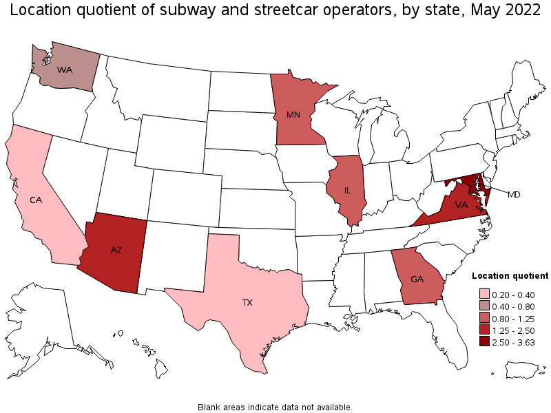 Map of location quotient of subway and streetcar operators by state, May 2022
