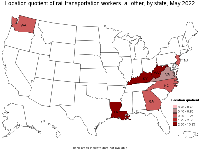 Map of location quotient of rail transportation workers, all other by state, May 2022